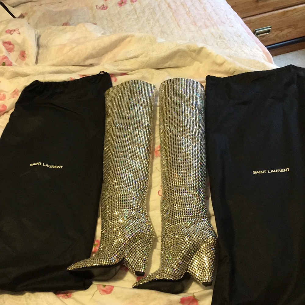 Saint Laurent crystal knee over boots.